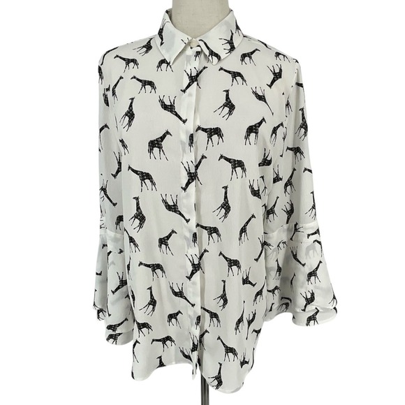 Chico's Tops - Chicos Womens White Black Giraffe Print Button Down Shirt Sz 1 US 8 Bell Sleeve